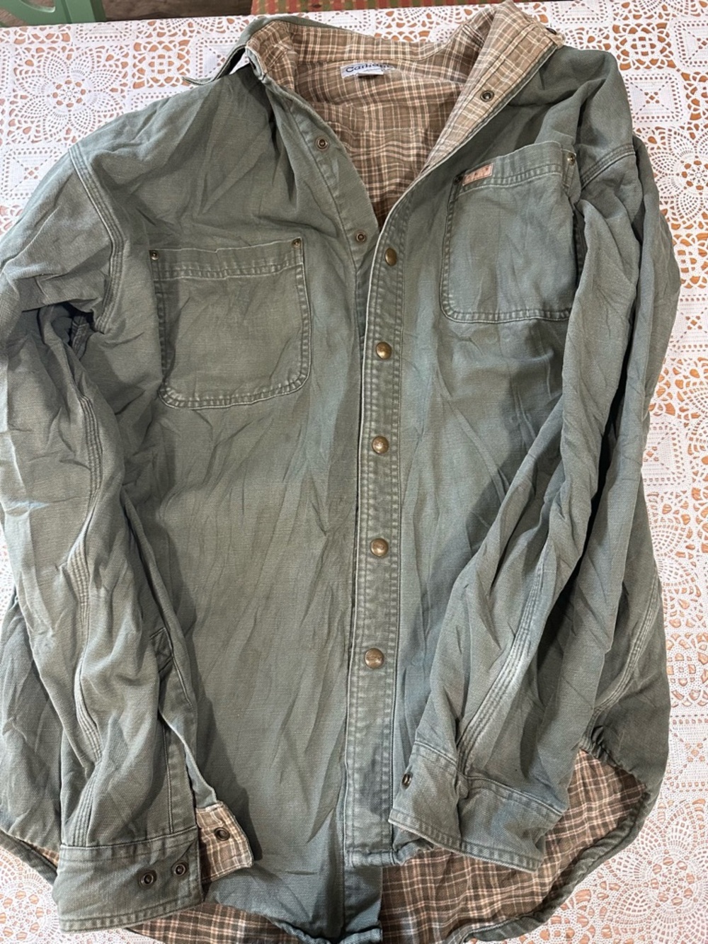Carhartt Lined Work Shirt Jacket Green Plaid Flannel L Tall Button Front